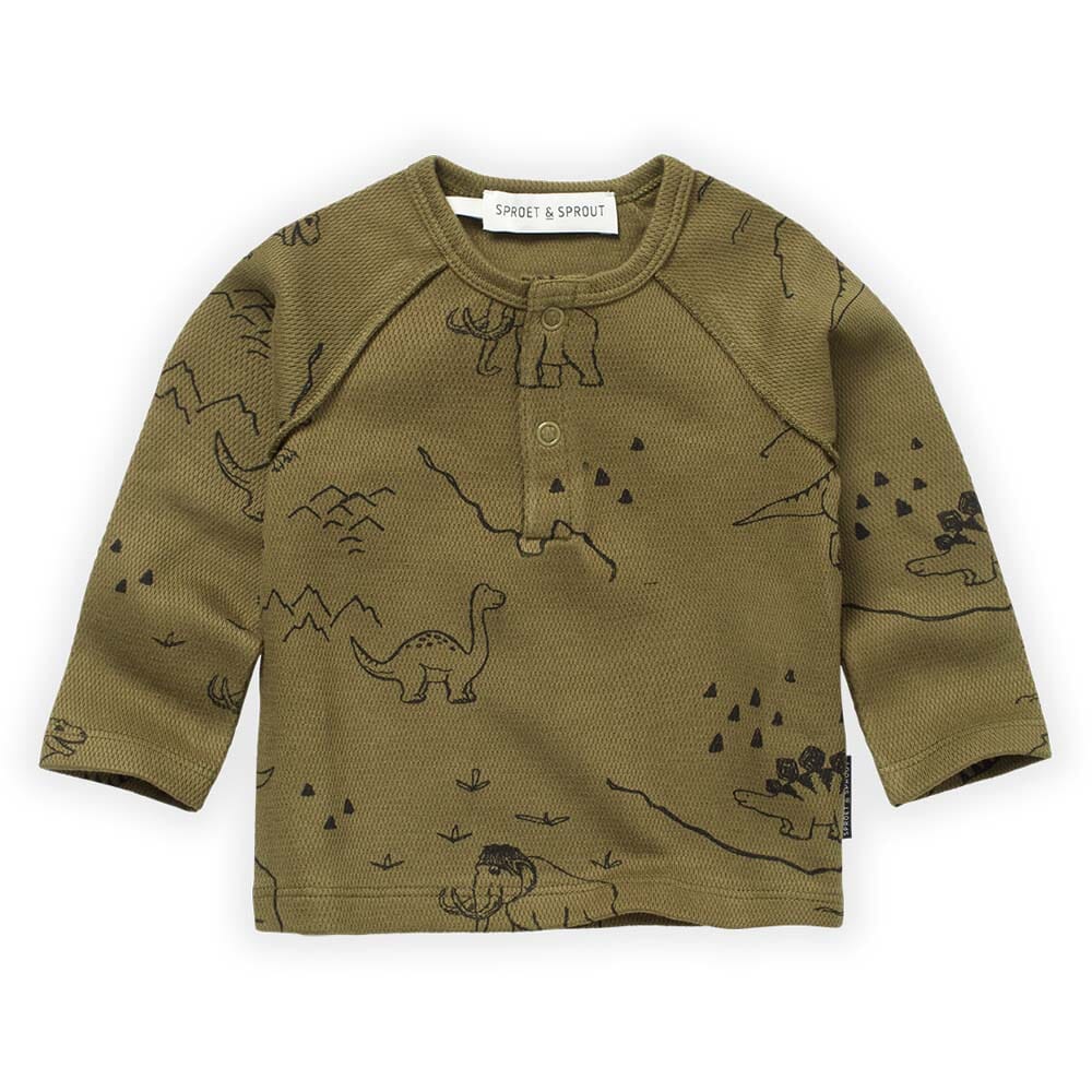 Dino Print Grandad Tee Shirt - Khaki from Manymoons