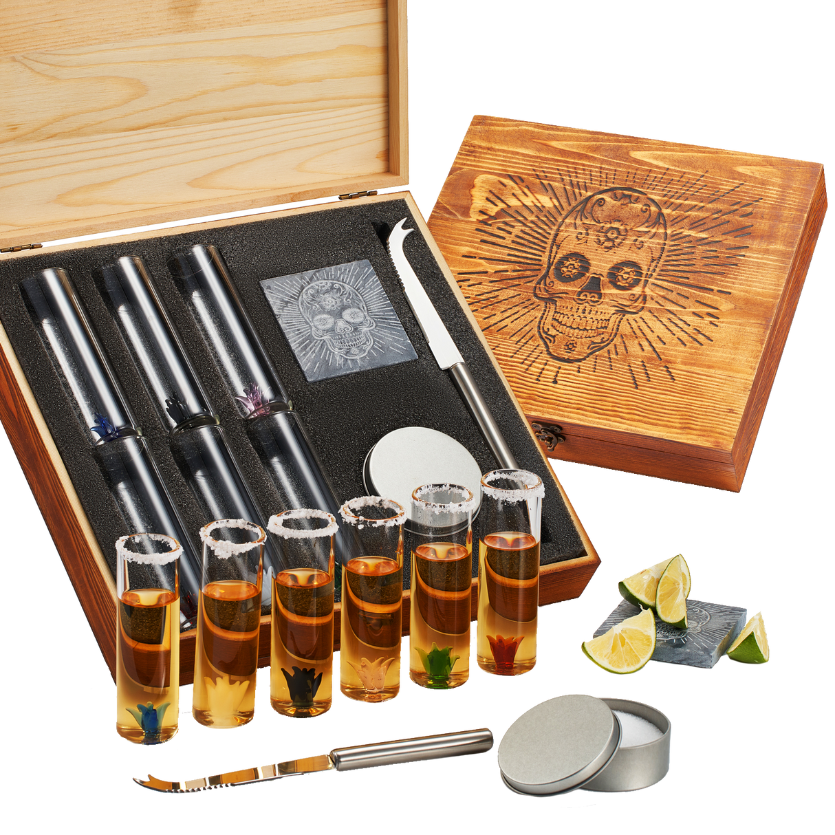 Tequila Shot Glass & Salt Gift Set for Men & Women | Six Agave Shot Glasses, Knife For Limes, One Skull Coaster, One Salt Tin | Skeleton Mahogany Wood Box Package For Tequila, Liquor Lovers from The Wine Savant