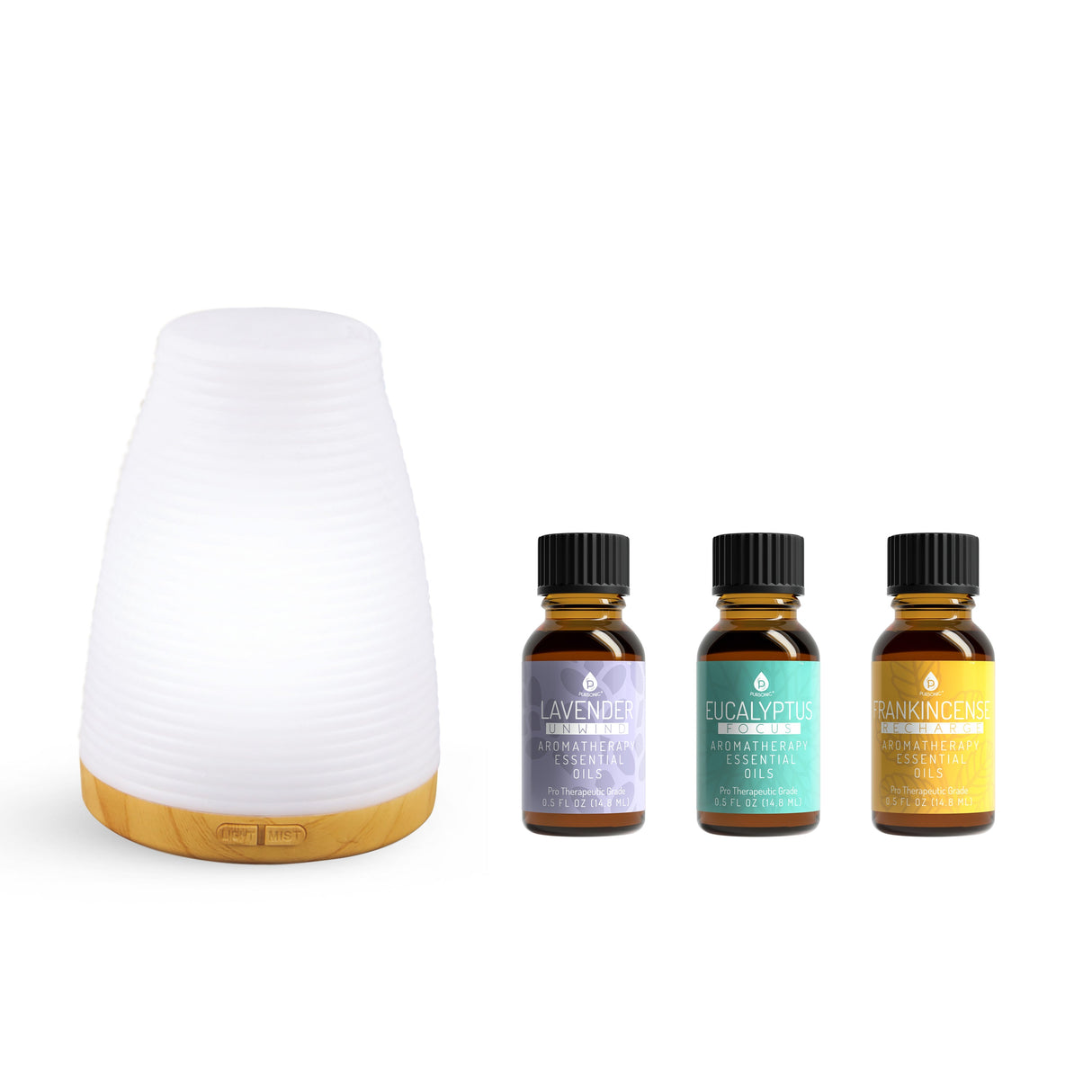 Pursonic Aromatherapy 2 in 1 USB Diffuser & Essential Oil Set-Ultrasonic Top 3 Oils-300ml with 2 Mist Settings 7 Ambient Light Settings from Pursonic