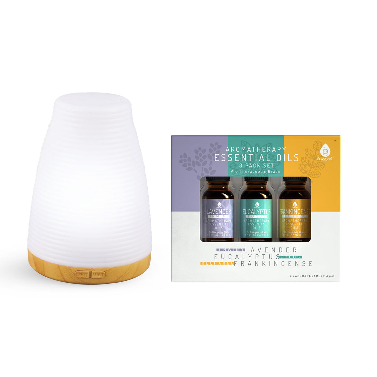 Pursonic Aromatherapy 2 in 1 USB Diffuser & Essential Oil Set-Ultrasonic Top 3 Oils-300ml with 2 Mist Settings 7 Ambient Light Settings from Pursonic