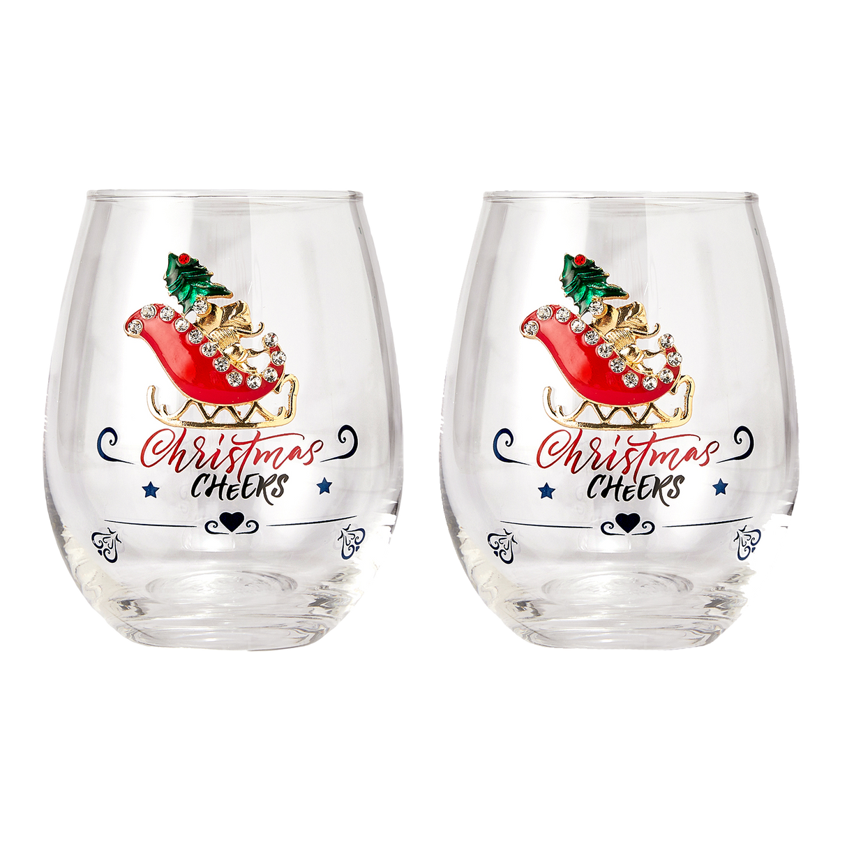 Crystal Christmas Santa's Sleigh Wine & Water Glasses - Set of 2, 17.5oz - Xmas Diamond Merry Christmas Santa Holiday Festive Theme Stemless Glass - New Year Holiday Gifts for Men Women Friend Family from The Wine Savant