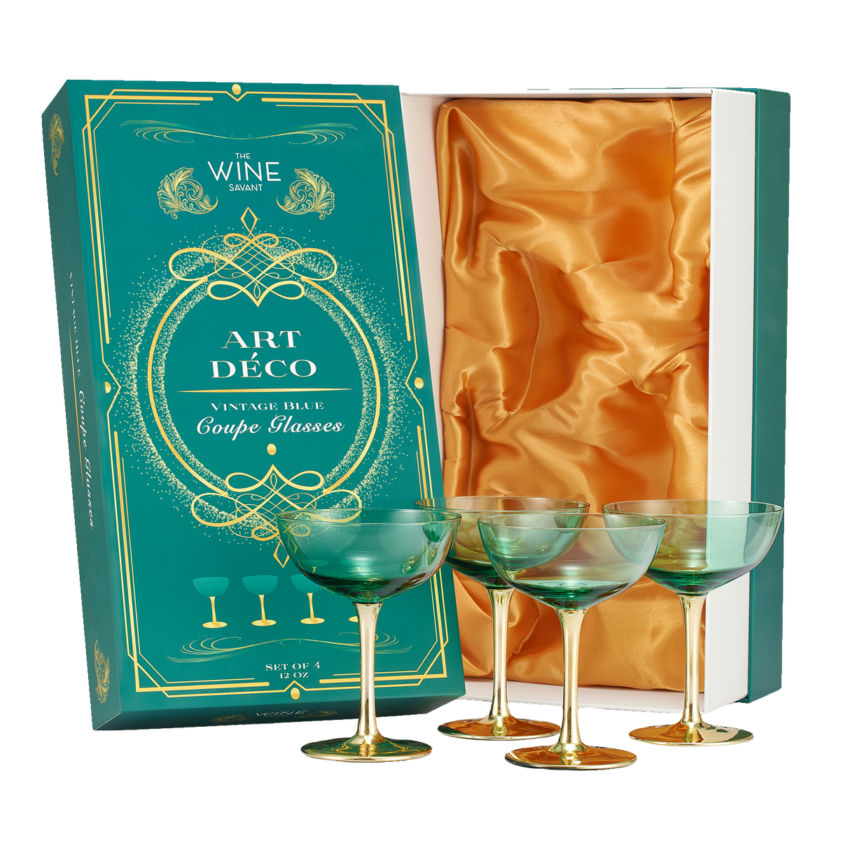 Colored Coupe Art Deco Glasses, Gold | Set of 4 | 8 oz Classic Cocktail Glassware for Champagne, Martini, Manhattan, Sidecar, Crystal Speakeasy Style Goblets Stems (Green) from The Wine Savant