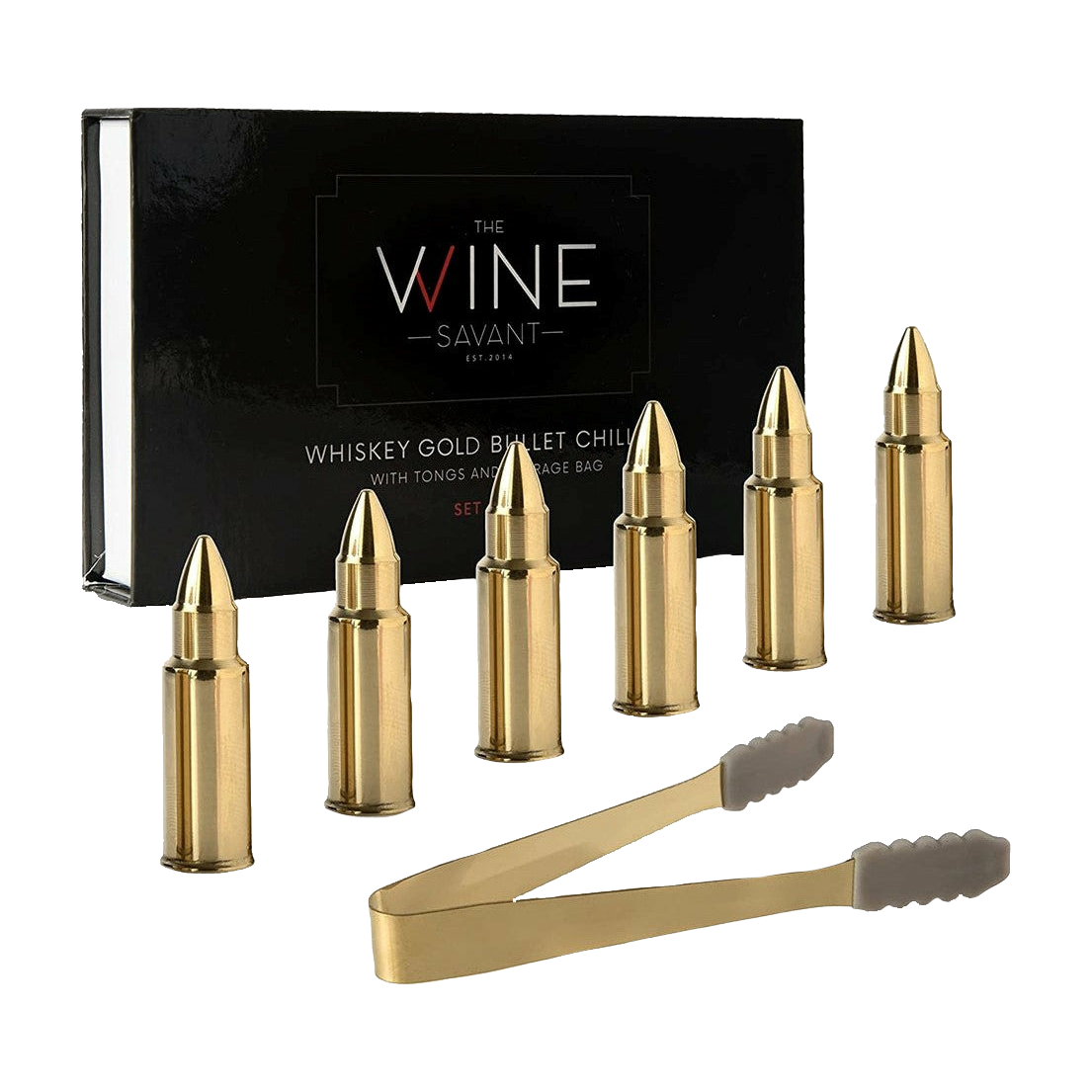 Bullet Whiskey Chillers Stones - 1.75in Whiskey Rocks by The Wine Savant Set of 6 - Stainless Steel Bullet Shaped Ice Cubes, Gift Box Come, Tongs and Storage Bag, Whiskey or Scotch Rocks (Gold) from The Wine Savant