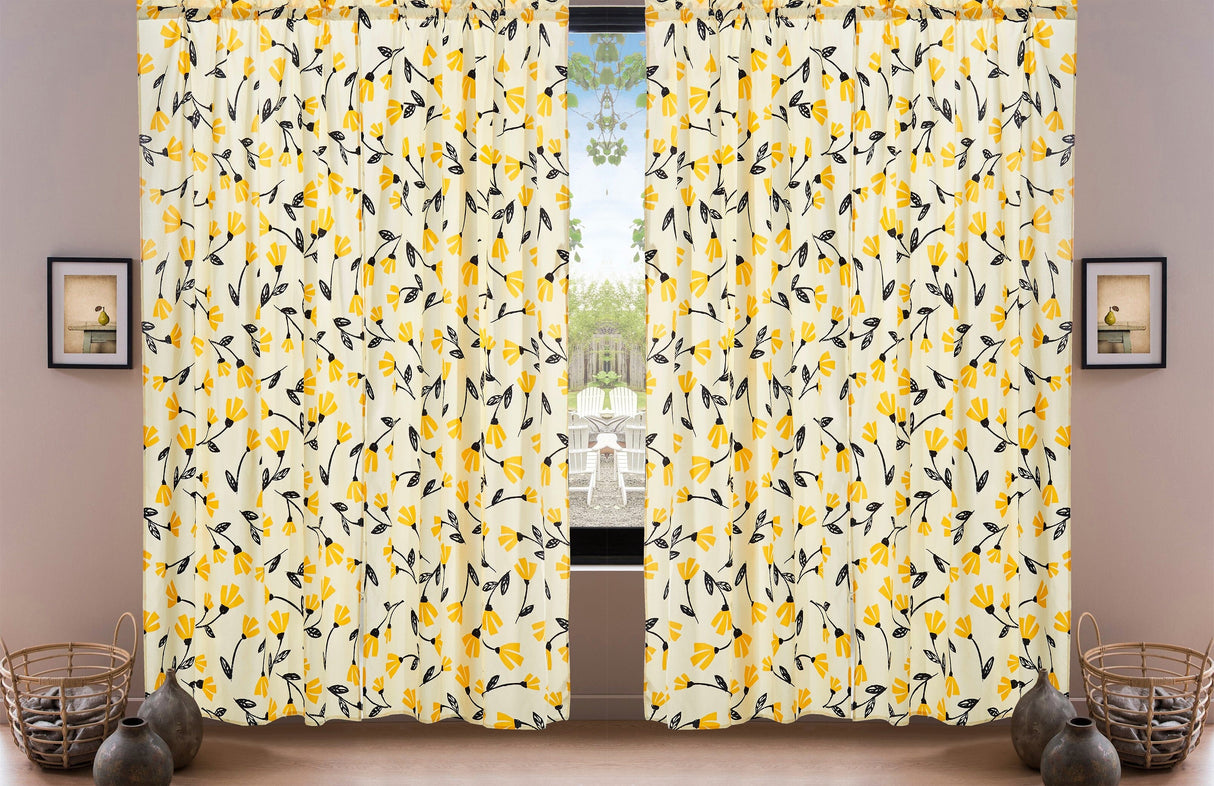 DaDa Bedding Set of 2 Botanical Floral Window Curtain Panels - Natural Semi Sheer Yellow Fleur Golden Orange Spring Time Tulips Straight Tailored Edge from DaDalogy Bedding Collection