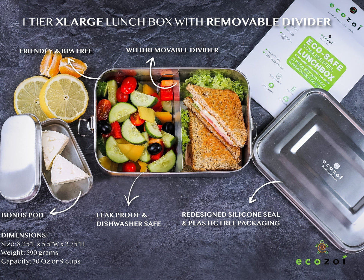 Stainless Steel Lunch Box, 2 Compartment Leak Proof, 50 Oz with Removable Divider from ecozoi