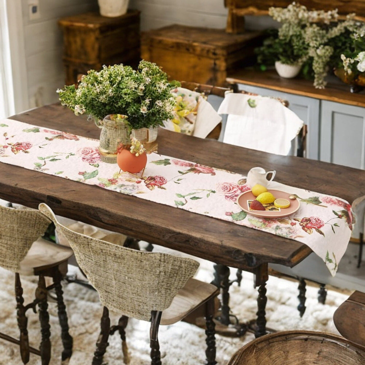 DaDa Bedding Romantic Roses Pink White Lovely Floral Quilted Dining Table Runner (879) from DaDalogy Bedding Collection