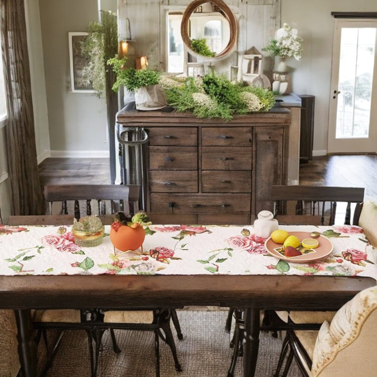 DaDa Bedding Romantic Roses Pink White Lovely Floral Quilted Dining Table Runner (879) from DaDalogy Bedding Collection