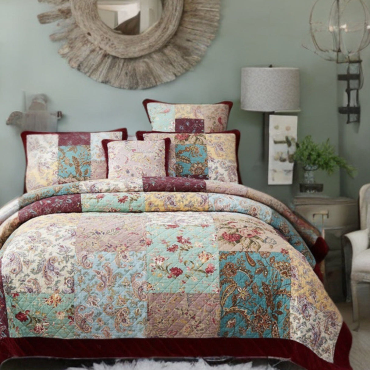 DaDa Bedding Bohemian Burgundy Red Velvet Trim Floral Paisley Patchwork Cotton Bedspread Set (JHW-868) from DaDalogy Bedding Collection