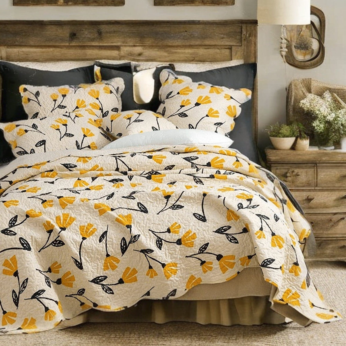 DaDa Bedding Yellow Fleur Floral Golden Orange Ivory Cream Scalloped Bedspread Set (18112) from DaDalogy Bedding Collection