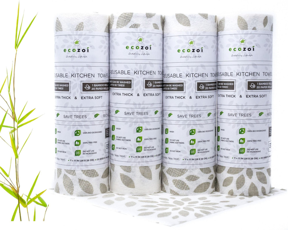 Bamboo Kitchen Paper Towels, Reusable Tree-Free Rolls with Design, 4 Pack from ecozoi