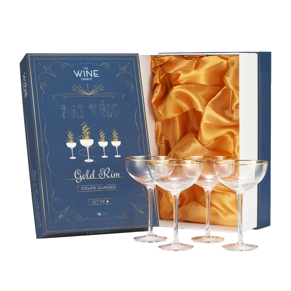 Vintage Crystal Champagne Coupe Gold Rim Glasses | Set of 4 | 7 oz, Gilded Rim Classic Cocktail Glassware - Martini, Manhattan, Cosmopolitan, Sidecar, Daiquiri | 1920s Style Saucer Goblets | Gift Box from The Wine Savant