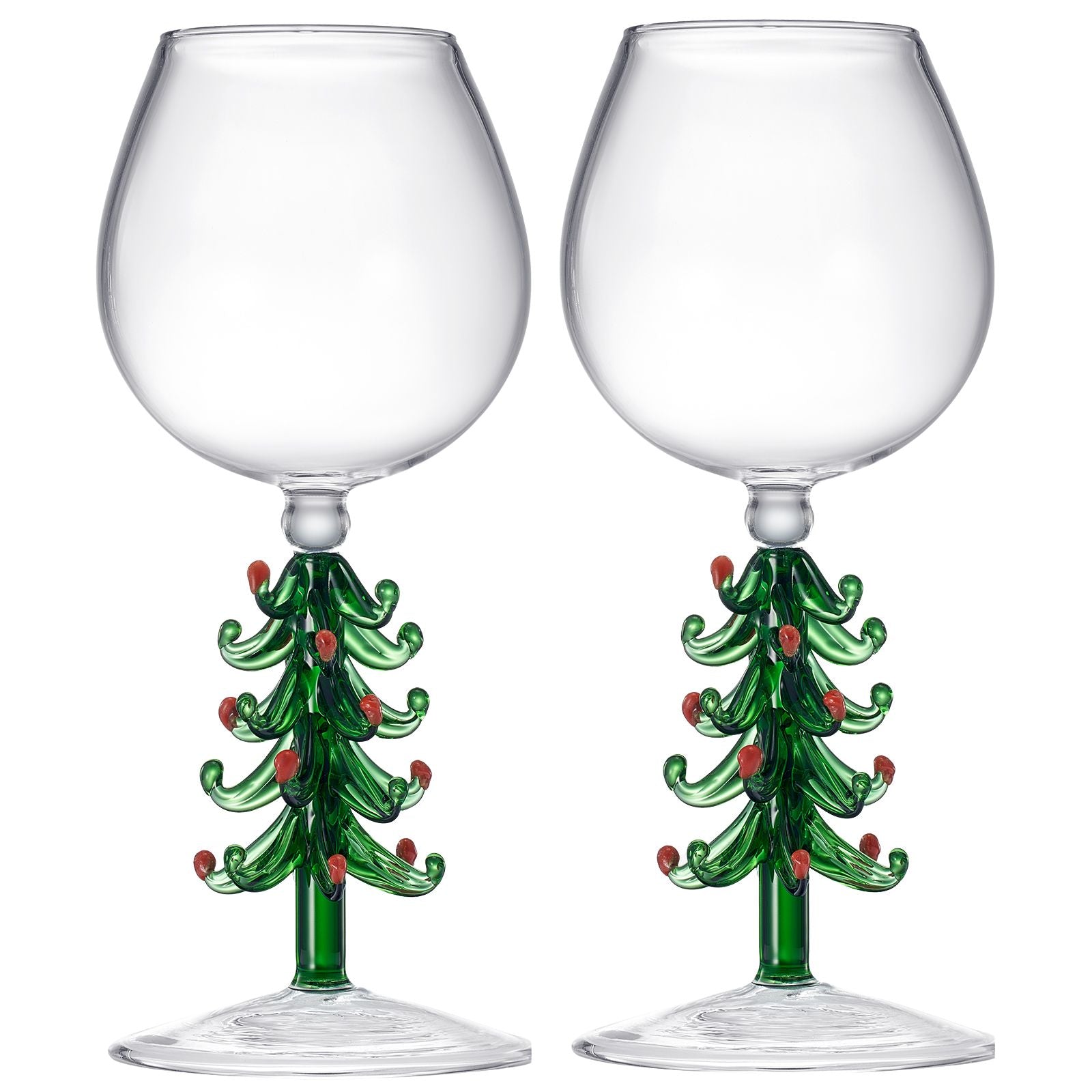 Crystal Green Christmas Tree Wine Glasses - Set of 2, 10oz Goblets for Holiday Parties and New Year's from The Wine Savant