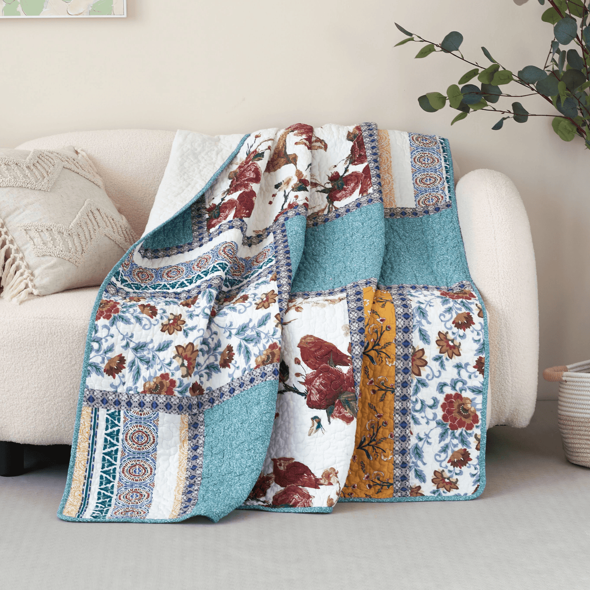 Tache Cotton Patchwork Old World Garden Pastel Blue Yellow Red Hummingbirds Quilted Throw Blanket (JHW-936) from Tache Home Fashion