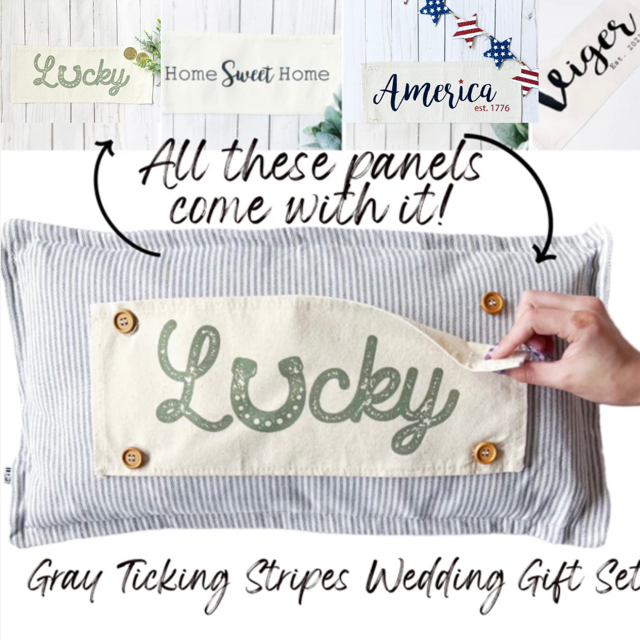 Custom Wedding Gift Bundle:  GRAY TICKING STRIPE pillow + custom last name, LUCKY, HOME SWEET HOME, AMERICA 1776, CUSTOM PANEL From PillowPanels