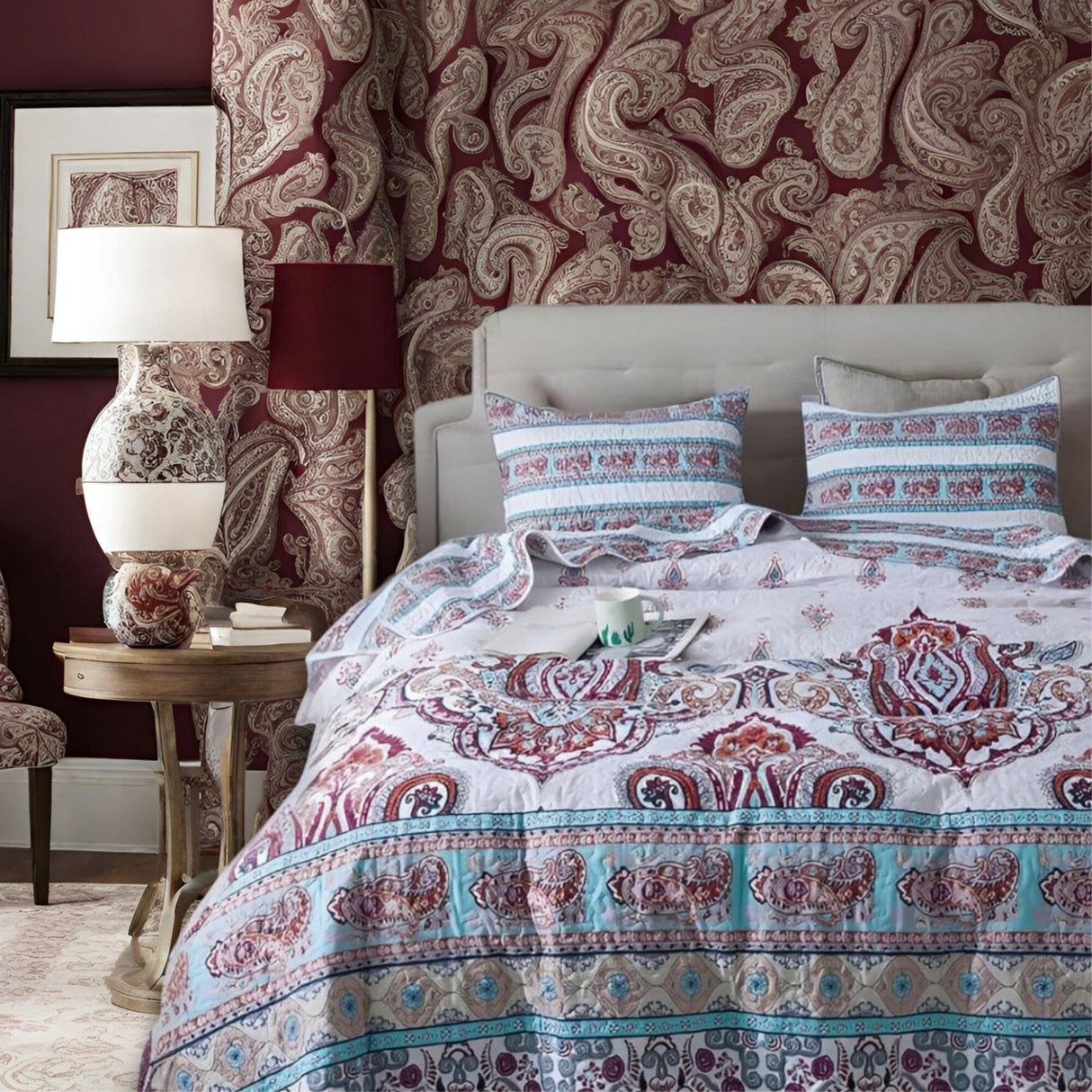 DaDa Bedding Bohemian Summertime White Blue Floral Paisley Bedspread Set (KSX-003) from DaDalogy Bedding Collection