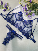 Blue Floral Embroidery Bustier Straps Lingerie Set From Hello.LA.Girl