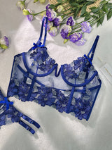 Blue Floral Embroidery Bustier Straps Lingerie Set From Hello.LA.Girl