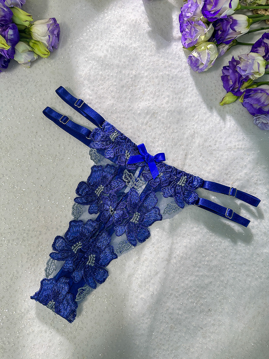 Blue Floral Embroidery Bustier Straps Lingerie Set From Hello.LA.Girl