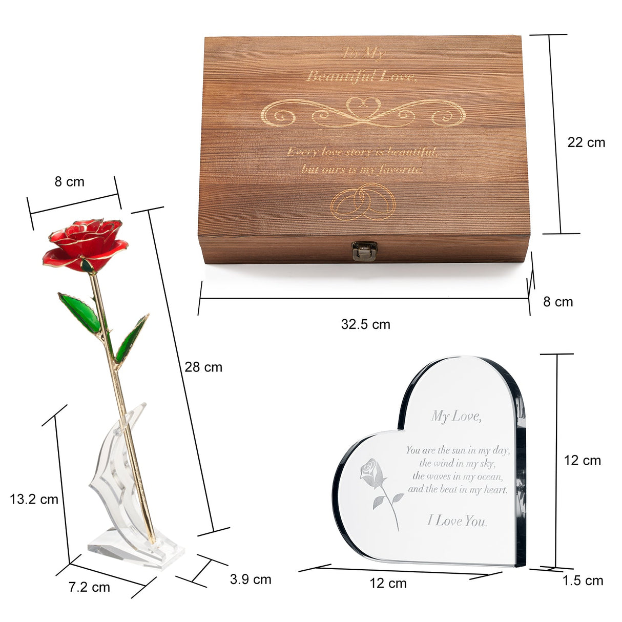 Anniversary, Birthday & Everyday 24K Gold Rose Love Box for Wife, Her, Women - Engraved Wooden Set 'To My Beautiful Love' Inscription, Includes Crystal Heart - For Birthday 1st Anniversaries from The Wine Savant