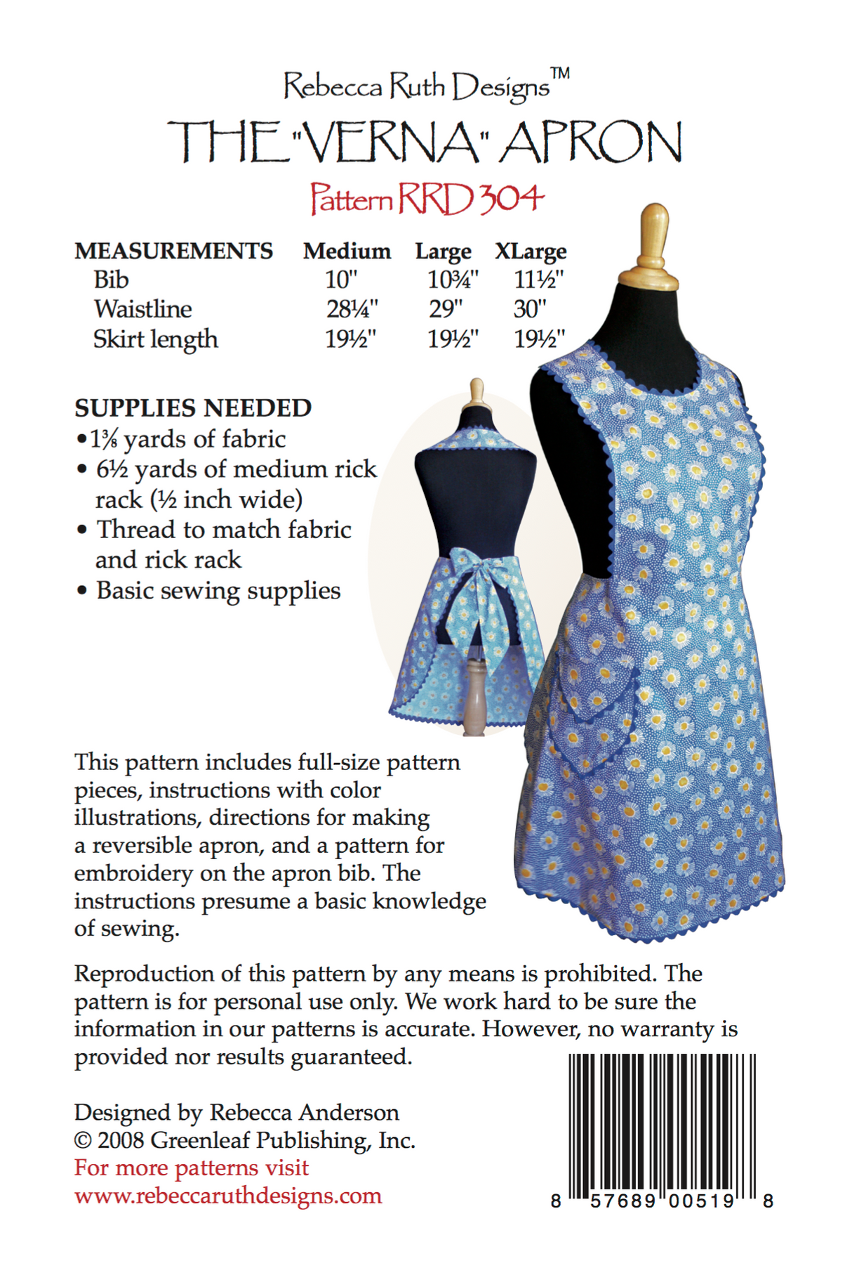 "Verna" Apron Downloadable Pattern from Quilting Books Patterns and Notions