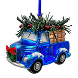 A Marvelous Blue Christmas Set of Four Glass Ornaments with Santa, Truck, Snow Cabin and Sleigh from OrnamentallyYou