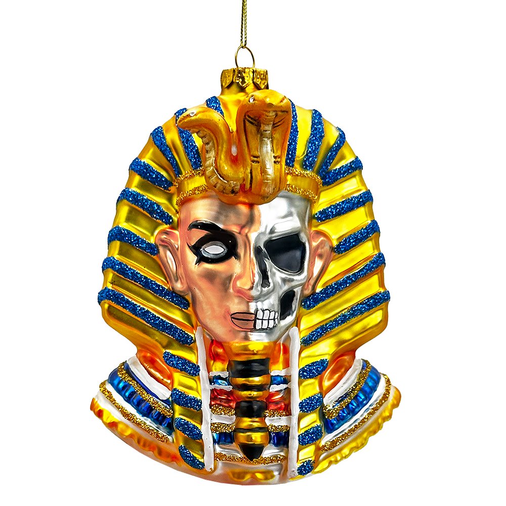 Evil Egyptian Pharoah Half Skull Head Glass Ornament, Gothic Halloween Tree Decor from OrnamentallyYou