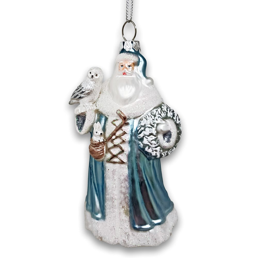 Arctic Whispers Santa Glass Christmas Ornament, Snowy Winter Theme with Light Blue Robe from OrnamentallyYou