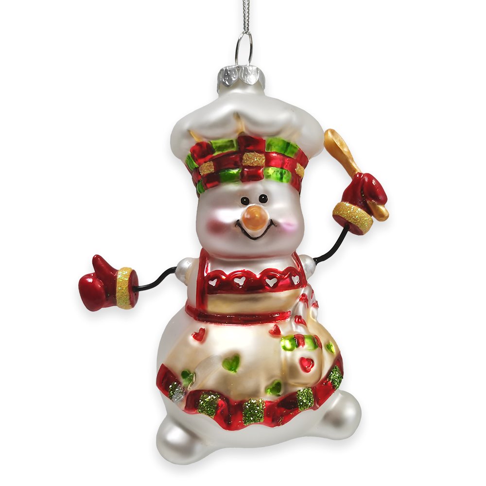 Cheerful Holiday Snowman Chef Glass Christmas Ornament from OrnamentallyYou