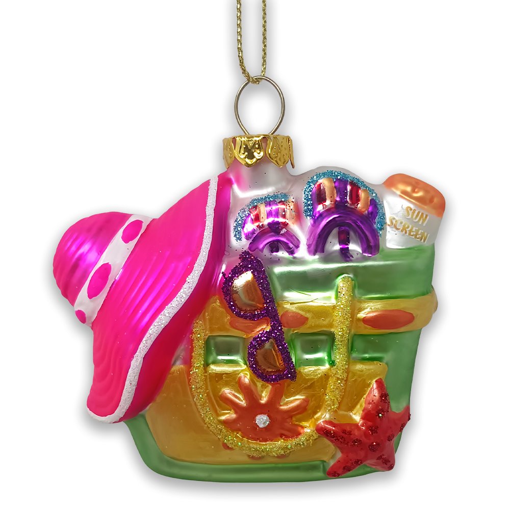 Coastal Beach Bag Glass Christmas Ornament, Ocean Seaside Nautical Home Tree Decoration from OrnamentallyYou