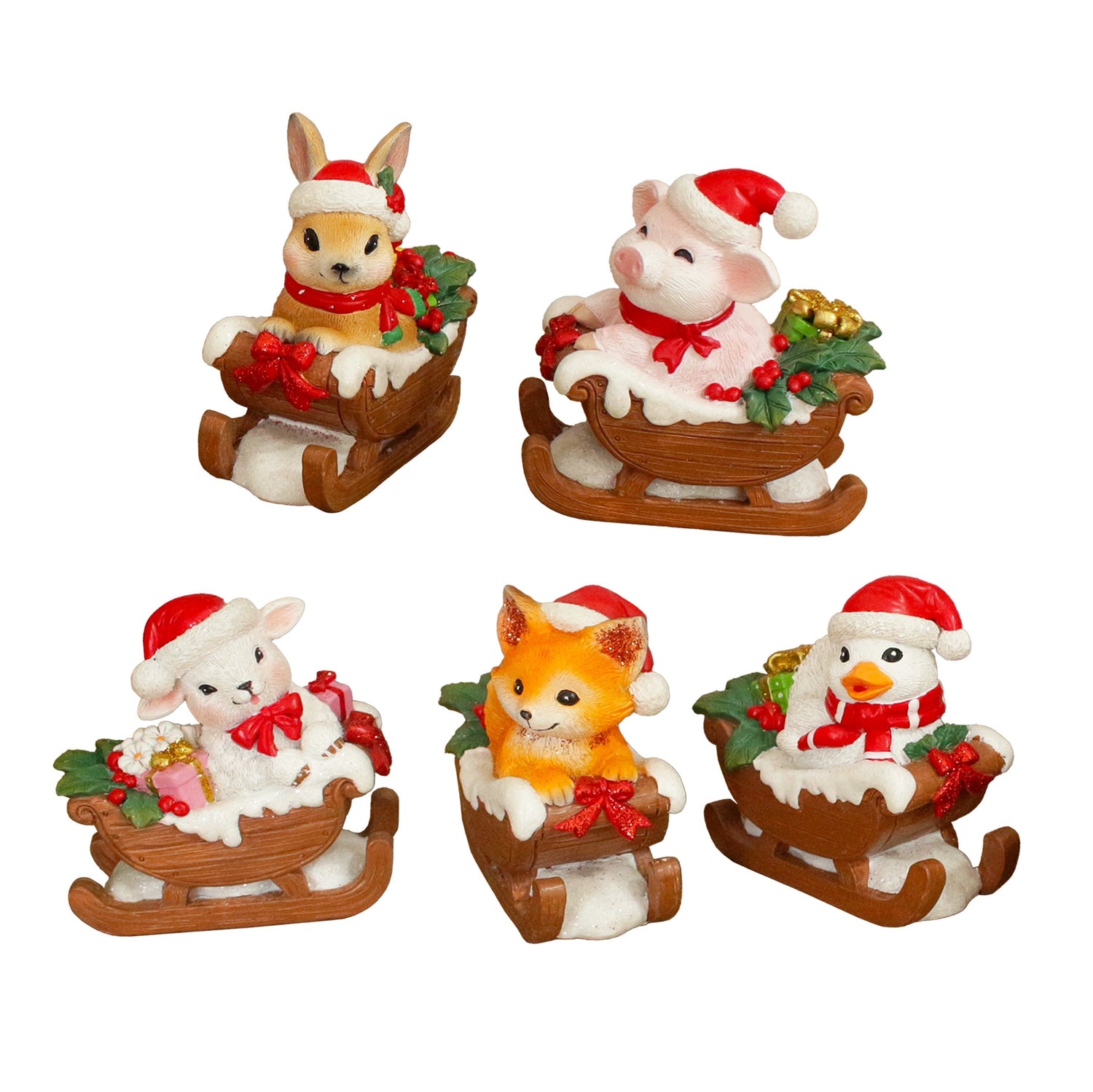 Christmas Critters Animals on Sleighs Set of Five Figurines, 5" Tabletop Holiday Animal Decor with Bunny, Piglet, Duckling, Lamb, and Fox from OrnamentallyYou
