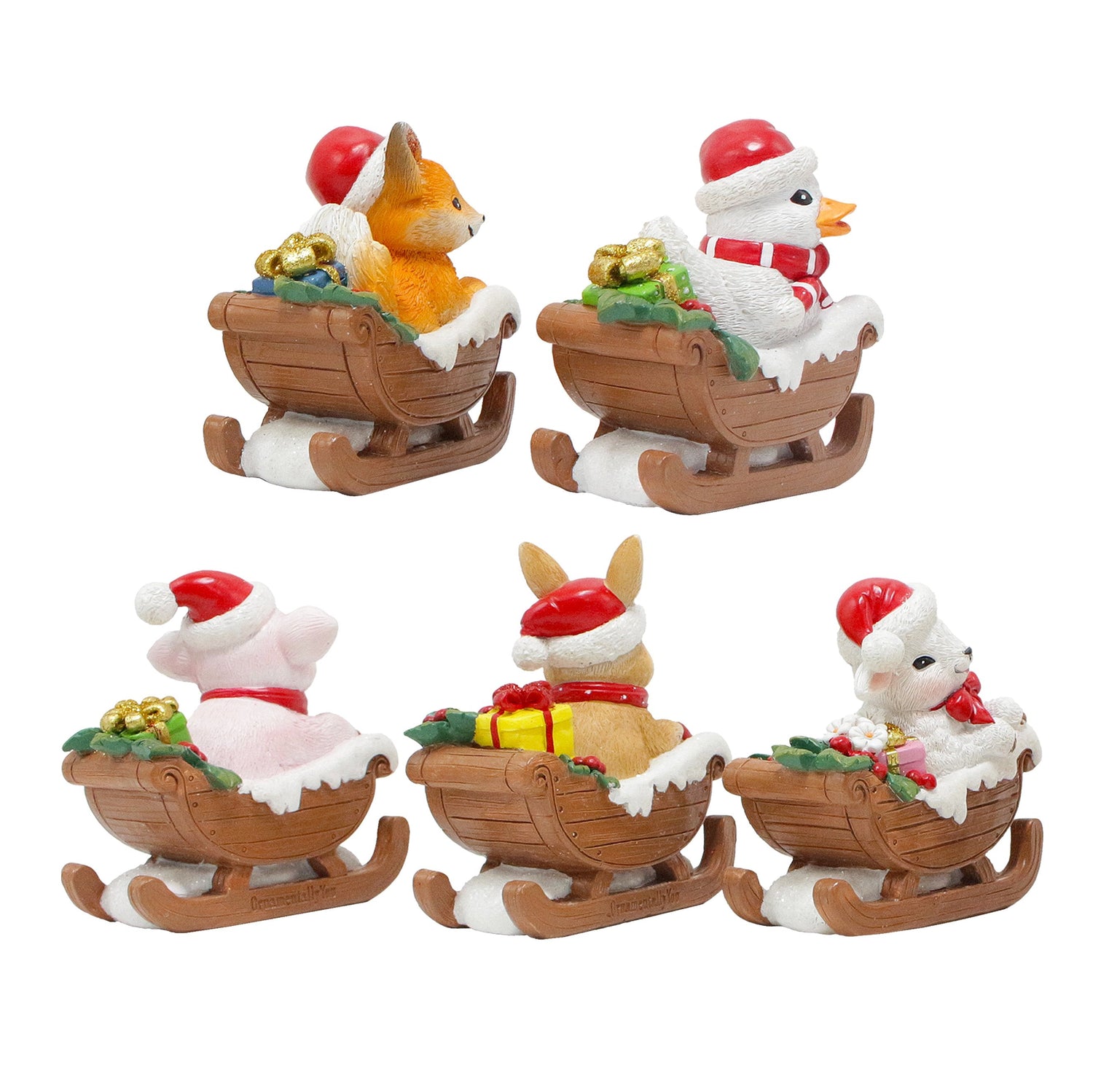 Christmas Critters Animals on Sleighs Set of Five Figurines, 5" Tabletop Holiday Animal Decor with Bunny, Piglet, Duckling, Lamb, and Fox from OrnamentallyYou
