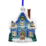 A Marvelous Blue Christmas Set of Four Glass Ornaments with Santa, Truck, Snow Cabin and Sleigh from OrnamentallyYou