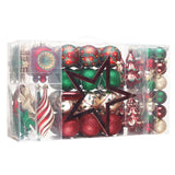 Alluring Large Christmas Ornament Set, Unique Red Green and Gold Baubles, 92 Charms and Snow Covered Trees with Dark Red Tree Topper from OrnamentallyYou