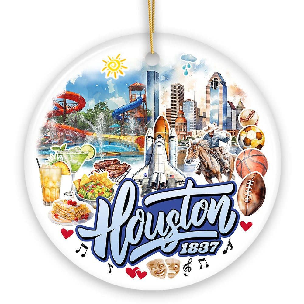 Artistic Houston Ceramic Ornament, Texas Souvenir with Vintage City Elements and Space Shuttle from OrnamentallyYou