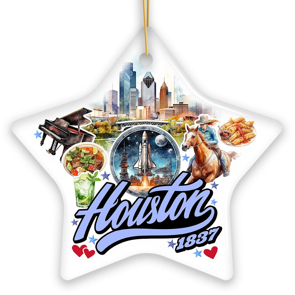 Artistic Houston Ceramic Ornament, Texas Souvenir with Vintage City Elements and Space Shuttle from OrnamentallyYou