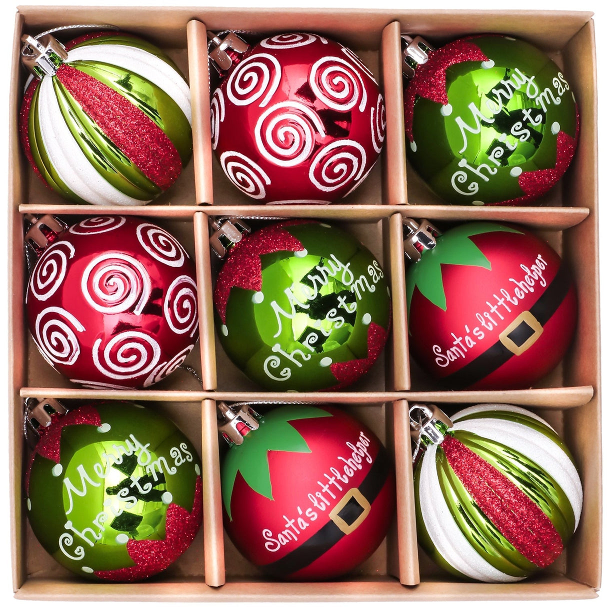 Elf Theme Christmas Ornament Set, 9 Baubles Green and Red from OrnamentallyYou