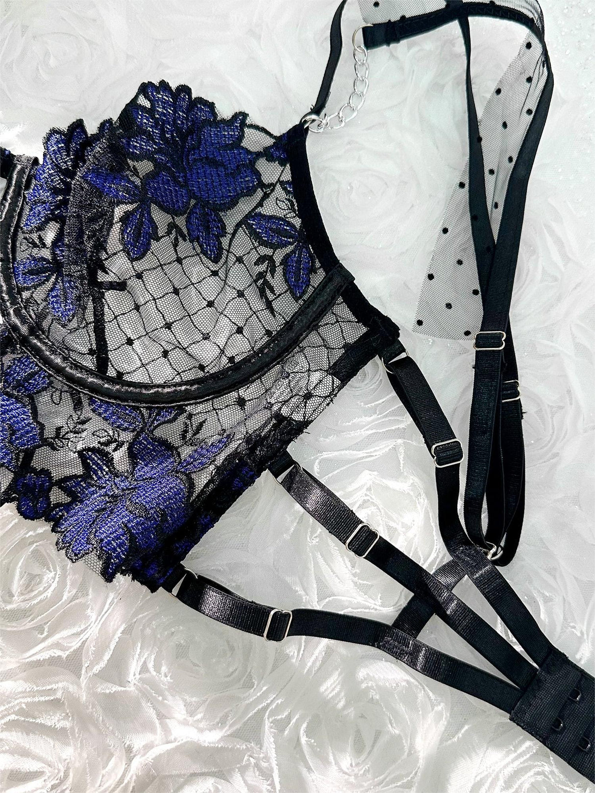 Black&Blue Lace Tie Adjustable Sculpting Body Lingerie Set From Hello.LA.Girl
