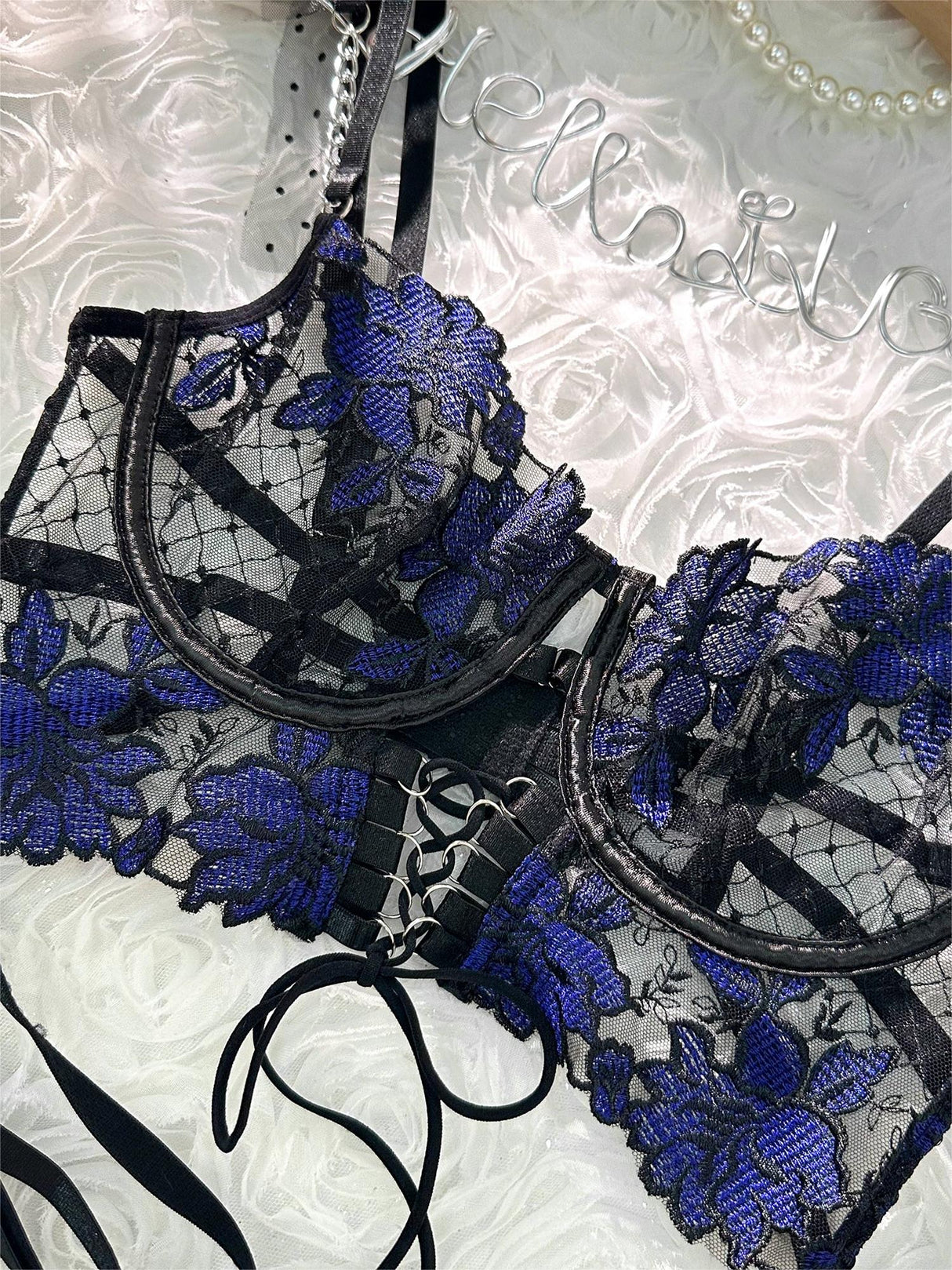 Black&Blue Lace Tie Adjustable Sculpting Body Lingerie Set From Hello.LA.Girl