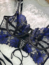 Black&Blue Lace Tie Adjustable Sculpting Body Lingerie Set From Hello.LA.Girl