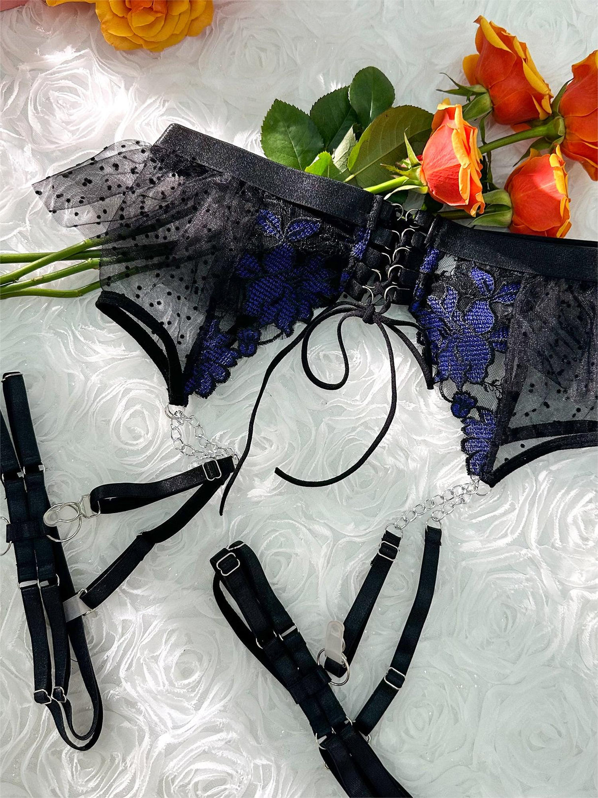 Black&Blue Lace Tie Adjustable Sculpting Body Lingerie Set From Hello.LA.Girl