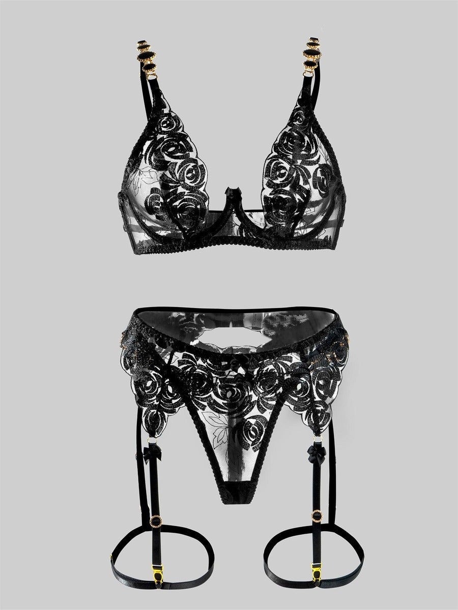 Black Embroidered Sexy Push Up Lingerie Set From Hello.LA.Girl