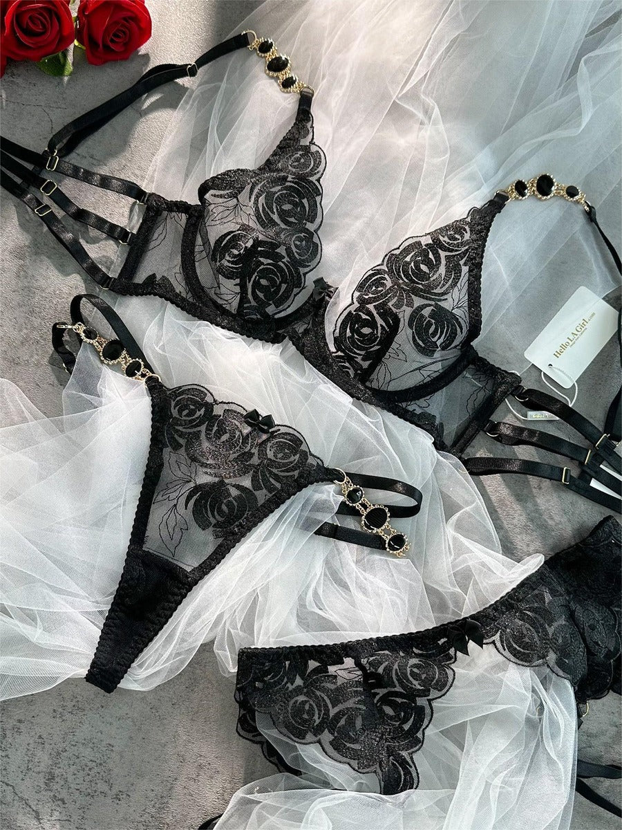 Black Embroidered Sexy Push Up Lingerie Set From Hello.LA.Girl