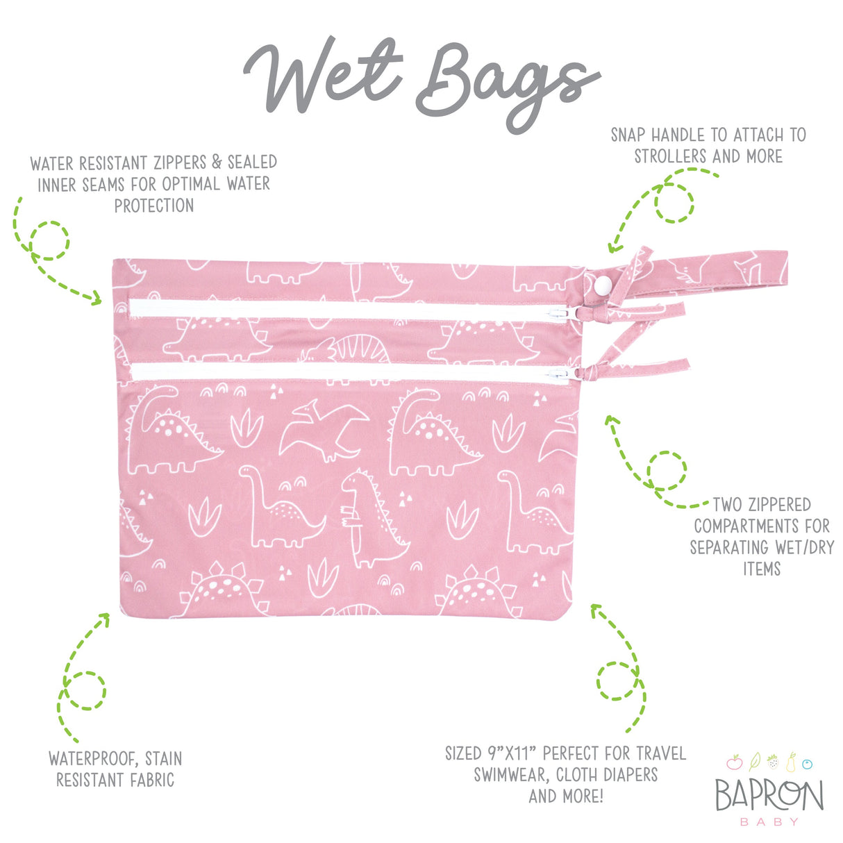 Dino Friends - Blush - Waterproof Wet Bag (For mealtime, on-the-go, and more!) from BapronBaby