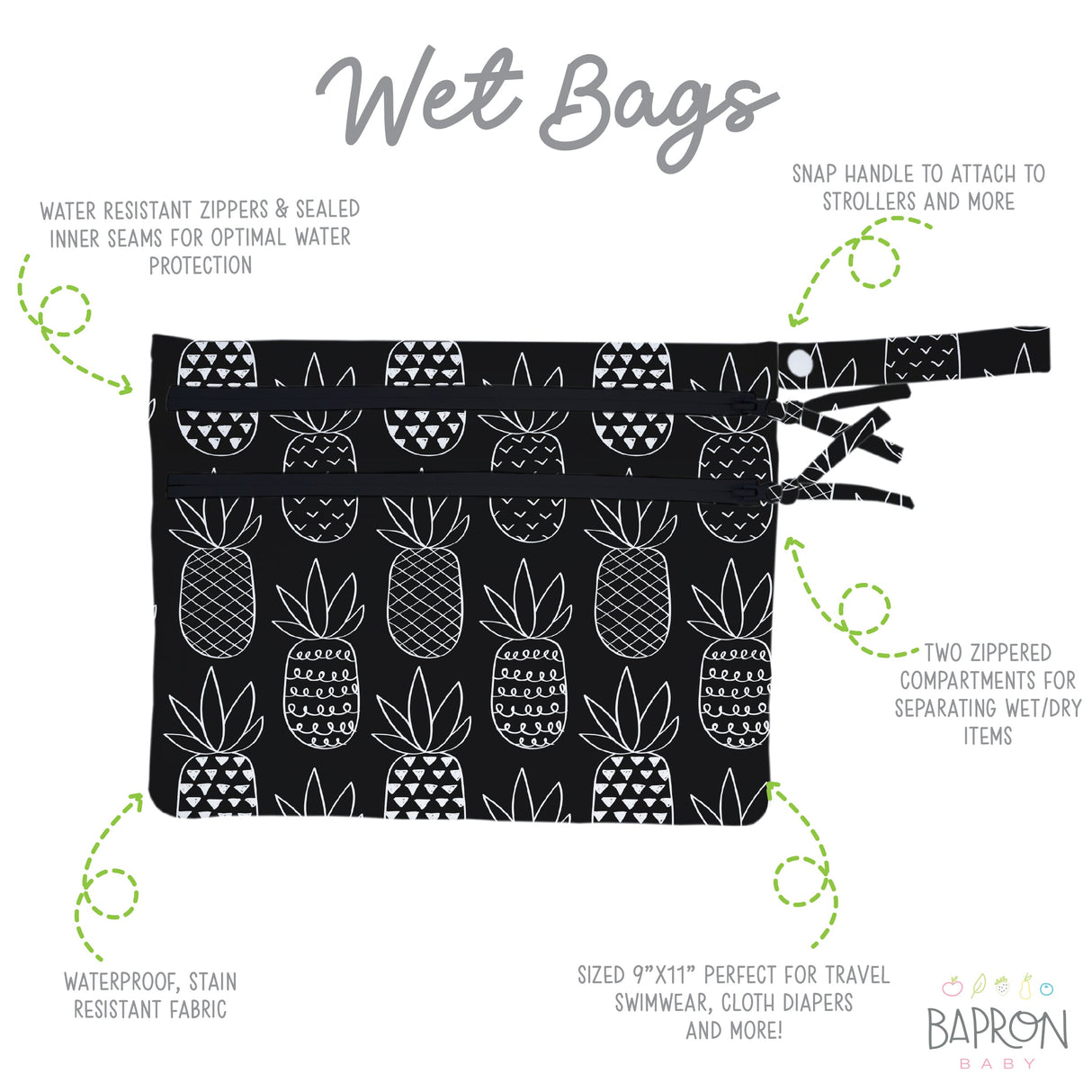 Pineapple Monochrome - Waterproof Wet Bag (For mealtime, on-the-go, and more!) from BapronBaby