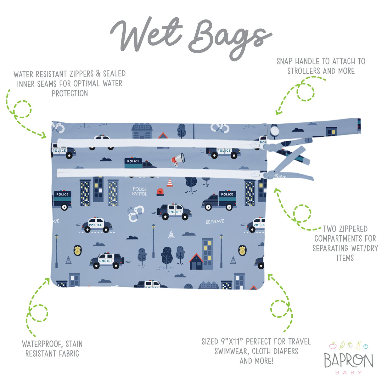 Be Brave - Police Patrol - Waterproof Wet Bag (For mealtime, on-the-go, and more!) from BapronBaby