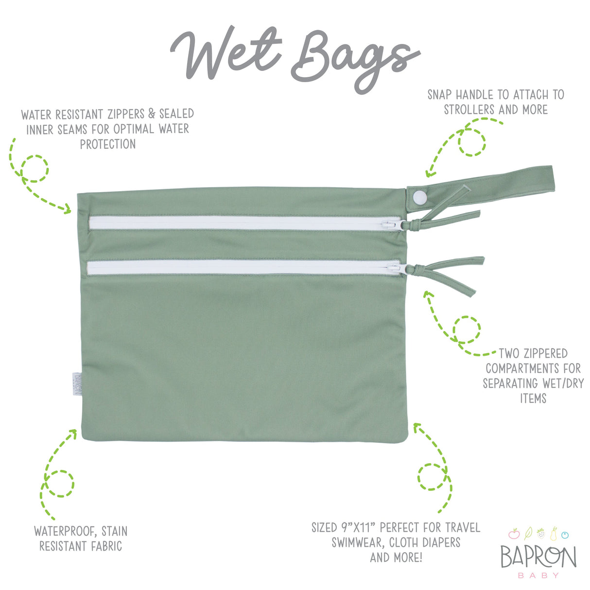 Solid Sage Minimalist - Waterproof Wet Bag (For mealtime, on-the-go, and more!) from BapronBaby