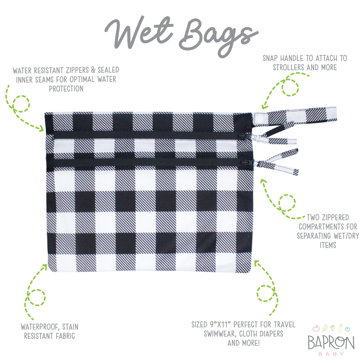 White Buffalo Plaid - Waterproof Wet Bag (For mealtime, on-the-go, and more!) from BapronBaby
