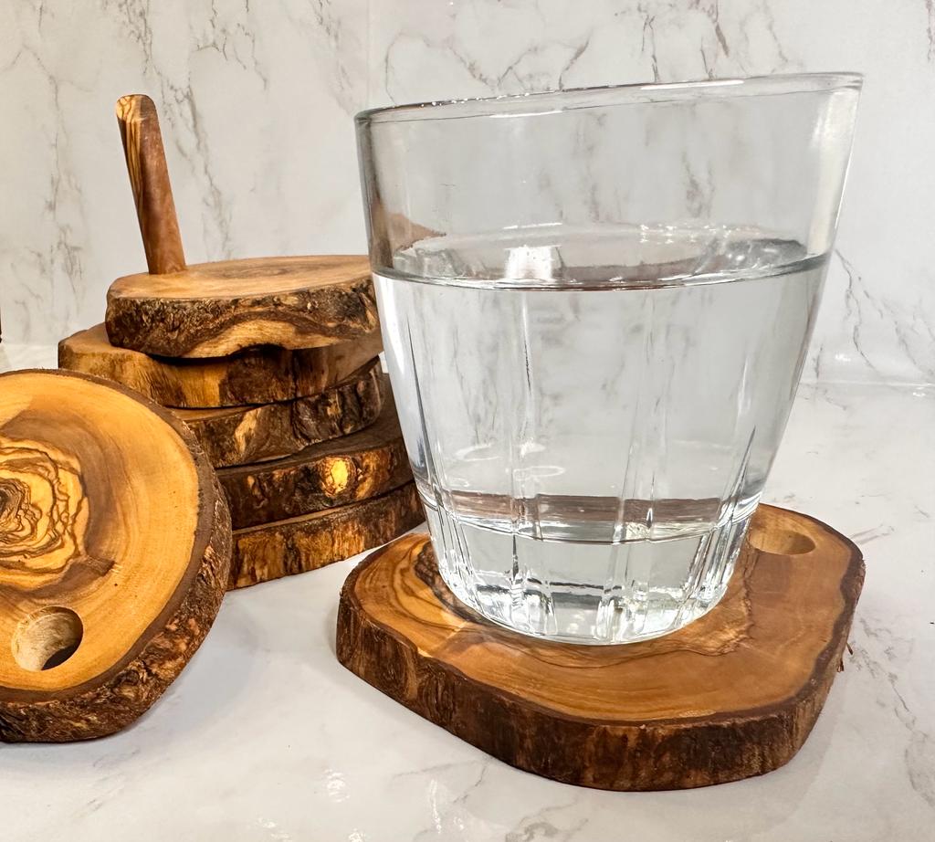 Olive Wood Coaster Set with Holder -7 Pcs from Choixe