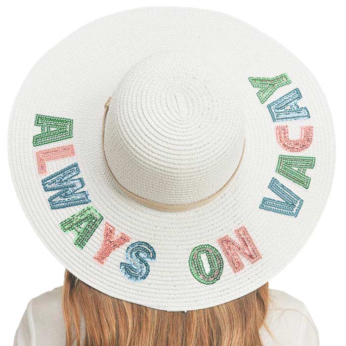 Always On Vacay Sequin Message Straw Panama Sun Hat from Madeline Love