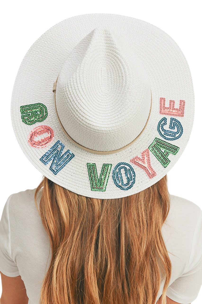 BON VOYAGE Sequin Letter Panama Hat from Madeline Love